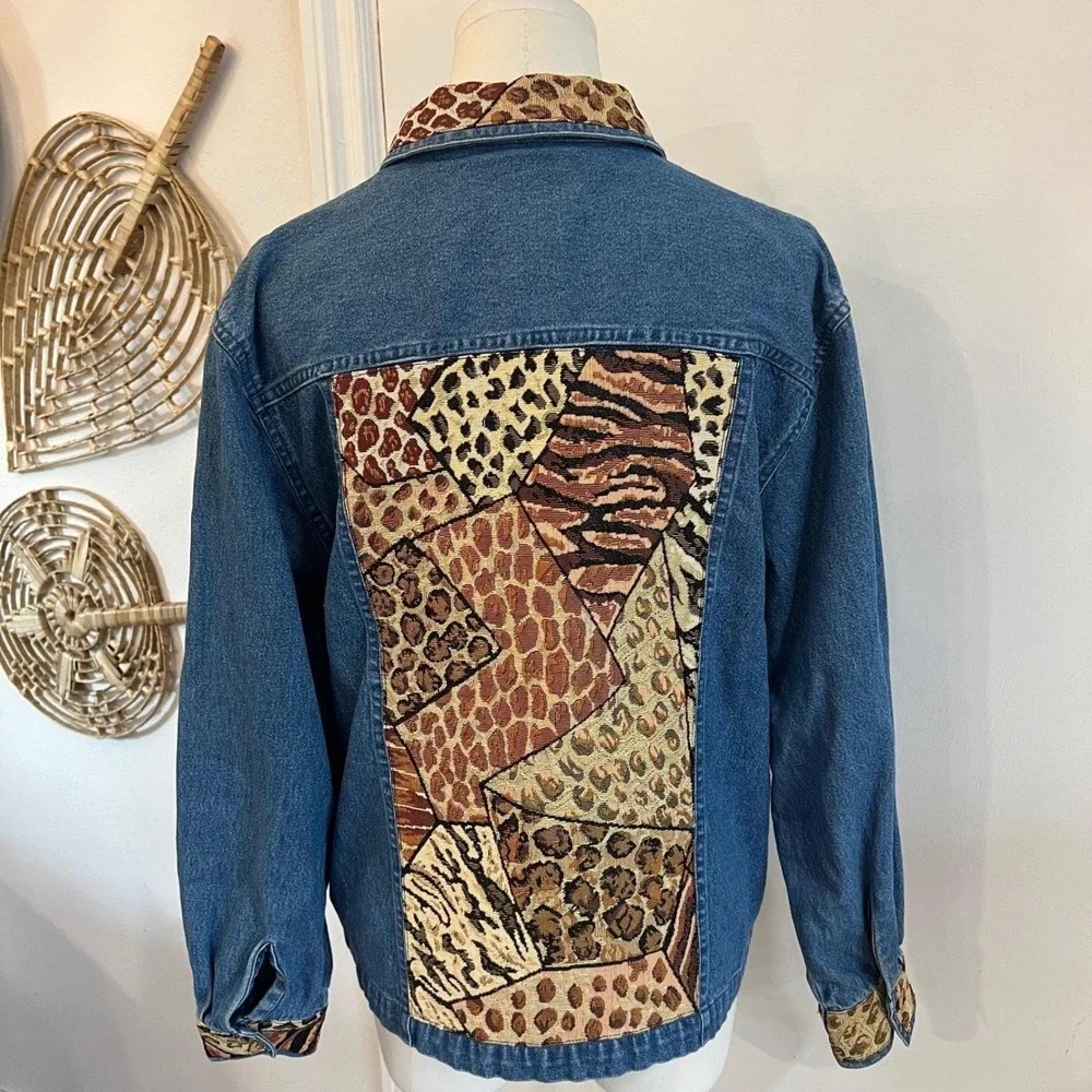 Vintage TanTrums Blue Cotton Denim Patchwork Animal Print Safari Jacket Medium